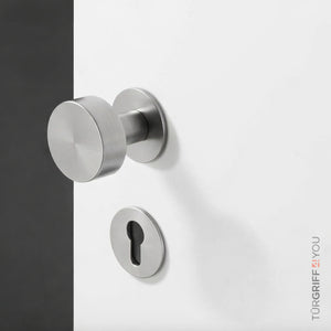 Türknauf WE aus Edelstahl mit flacher 3 mm Rosette an weißer Tür