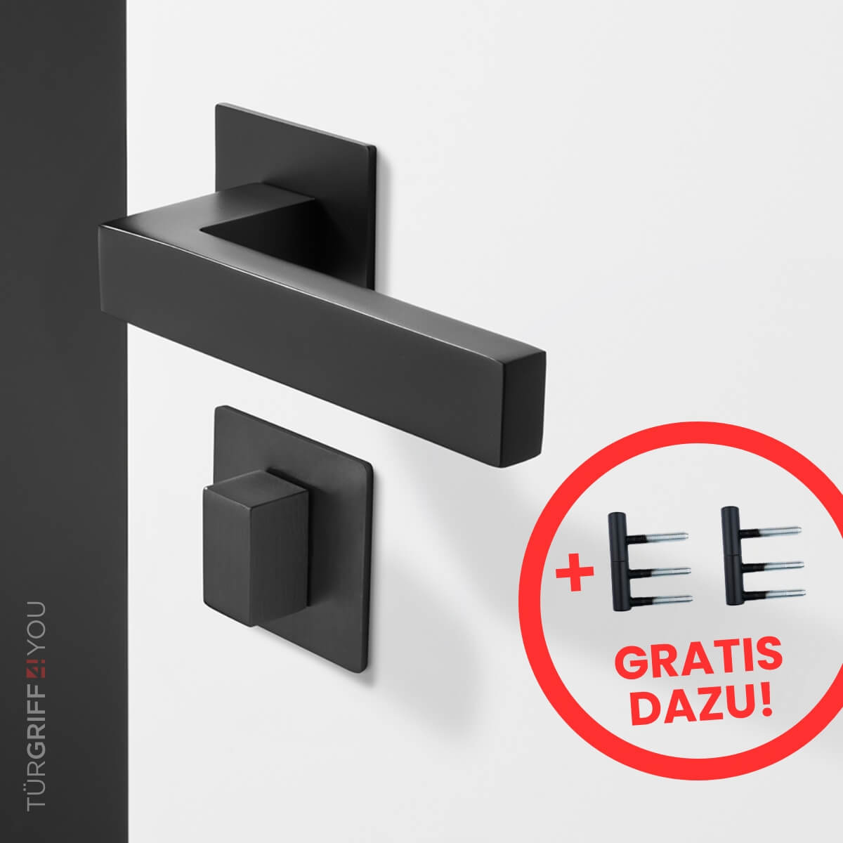 Spar-Set: Türdrücker Nero Line WC inkl. Türbänder 2tlg. für Holzzargen schwarz