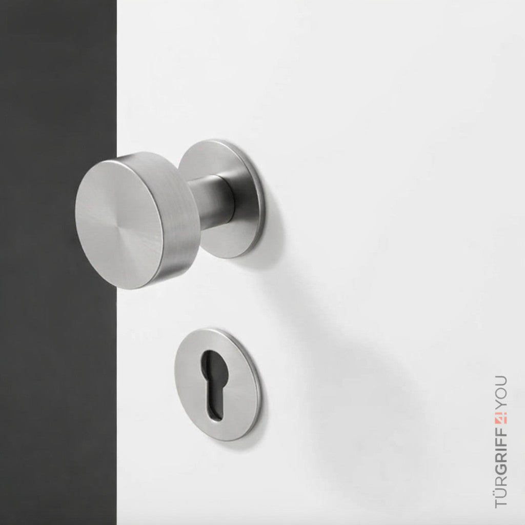 Türknauf WE aus Edelstahl mit flacher 3 mm Rosette an weißer Tür